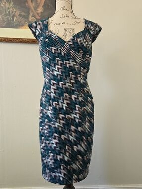 White House Black Market Teal, Black & White Chevron Midi Dress